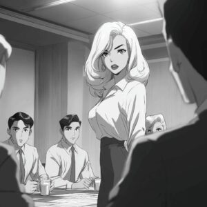 Jane Mansfield leading a team meeting - Anime style