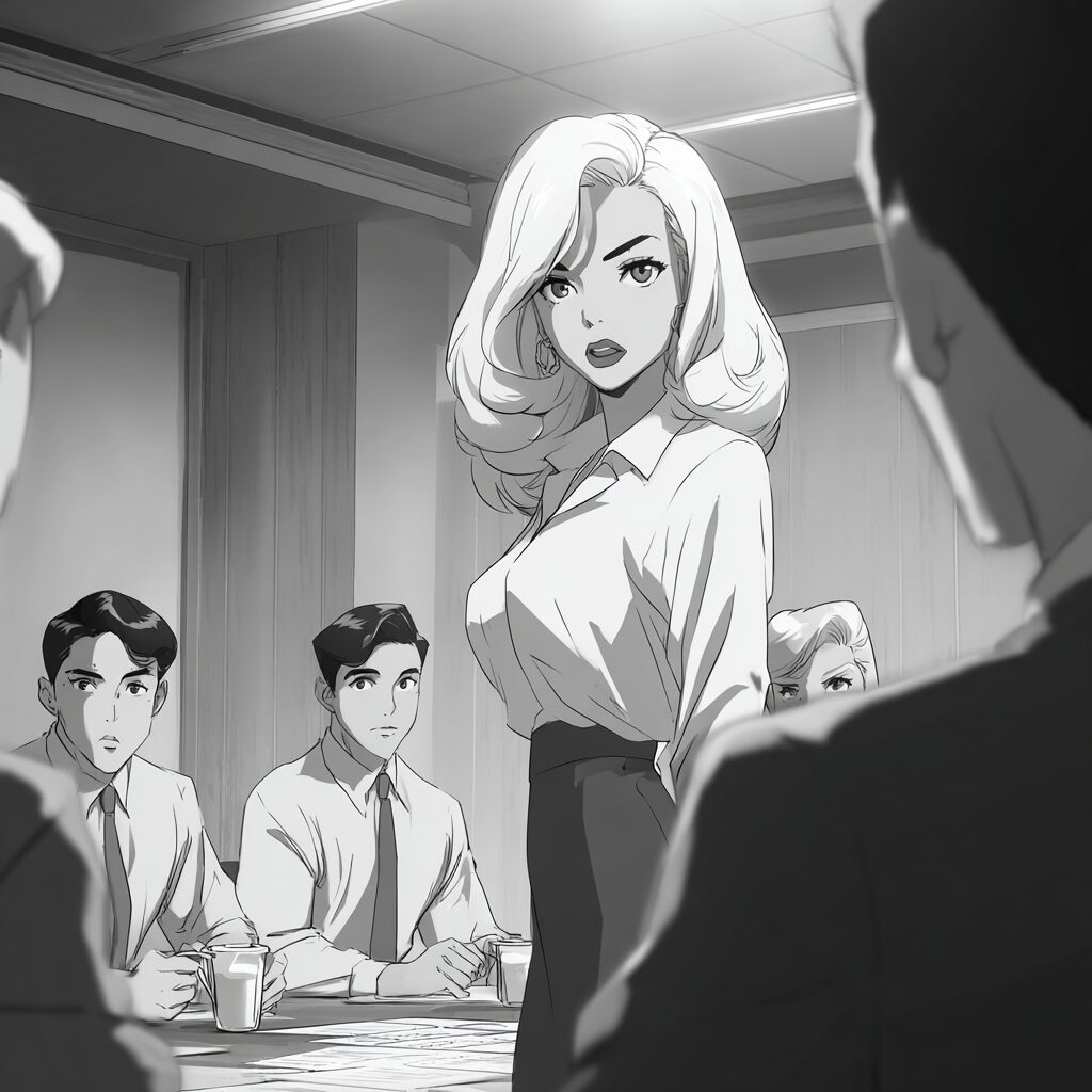 Jane Mansfield leading a team meeting - Anime style